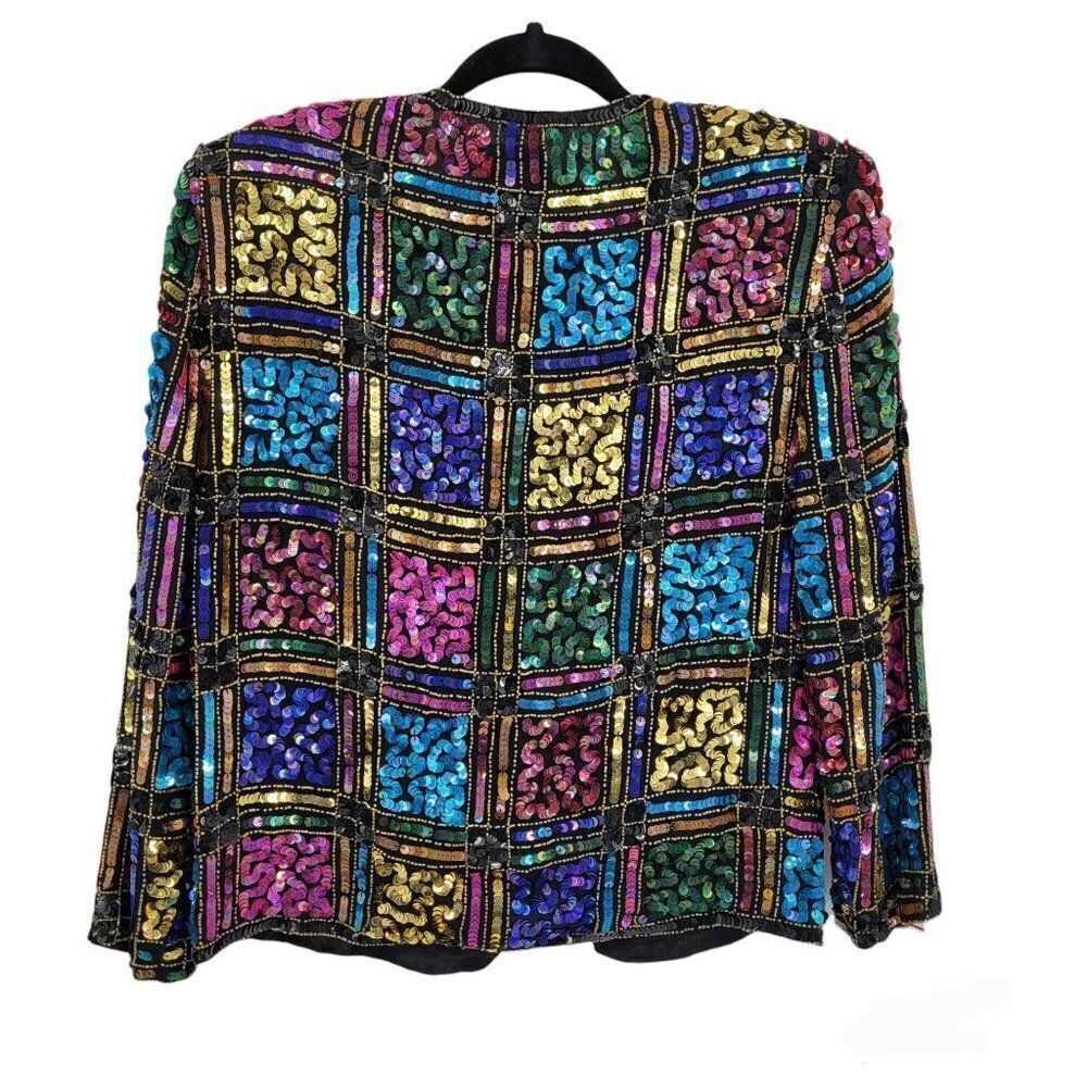 Vtg 80's Leslie Fay Formal Silk Rainbow Geometric Stained Glass Sequin Blazer Sz - Picture 3 of 10